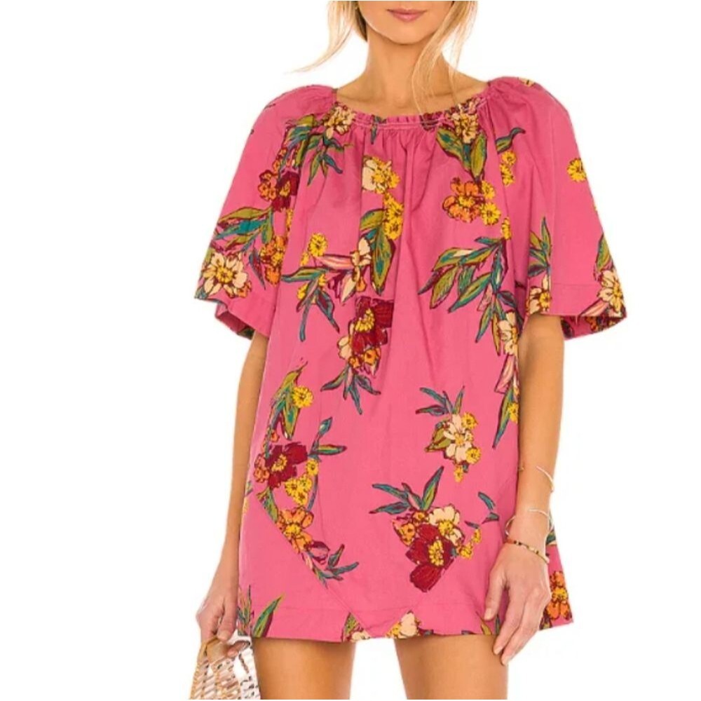 Free People Revolve Pink Jodie Floral Print Tunic Open Back Mini Dress Medium